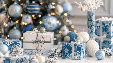 GITF boxes and Christmas decorations in blue and white