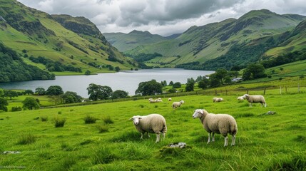 Sheep farming in the area of Lake District AI generated - obrazy, fototapety, plakaty