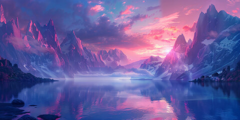 Surreal Mountain Landscape at Twilight with Vibrant Sky Reflections