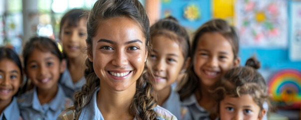 Fototapeta premium Smiling Teacher with Students in Colorful Classroom Setting