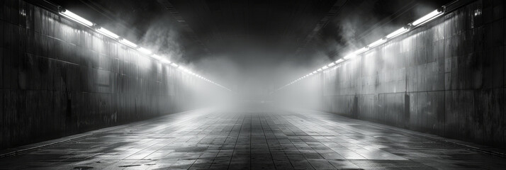 Mysterious Foggy Underground Passage with Illuminated Ceiling Lights