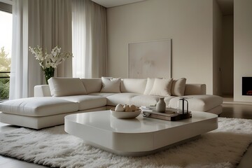 A cozy living room with a total white color scheme, featuring plush white sofas, a fluffy white rug, and a sleek white coffee table.