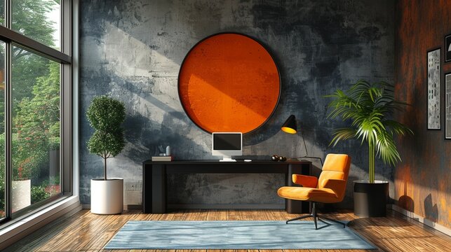 Home office with a large orange circle artwork on a textured gray wall, and an orange chair.