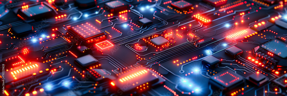 Poster digital circuit network, blue tech background, abstract computing and engineering concept, futuristi
