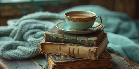 Vintage Books and Tea Cup on Wooden Table with Cozy Knitted Throw