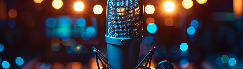 Professional Studio Microphone with Bokeh Lights Background