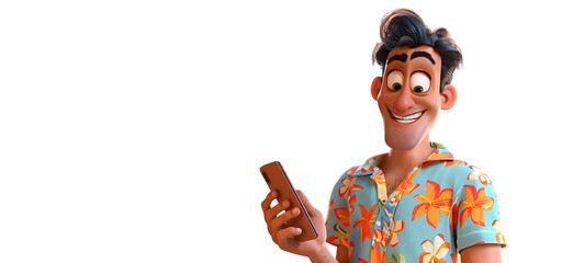 happy man in a Hawaii shirt looking at his phone with big eye on a white background 
