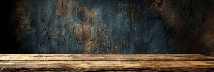Textured blue background with wooden surface - A cobalt blue textured wall provides a vivid backdrop to a rustic wooden tabletop surface in the foreground