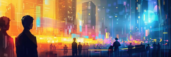 Vibrant cityscape with silhouetted figures - A digital artwork of a bustling city life scene, complemented by an array of vibrant colors and silhouettes of people - obrazy, fototapety, plakaty
