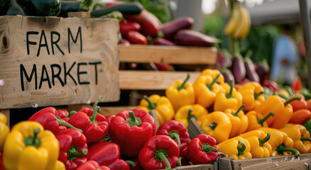 A photo of colorful yellow peppers, red bell peppers and eggplants in wooden boxes at the farm market with a sign saying "FARM MARKET" - Powered by Adobe