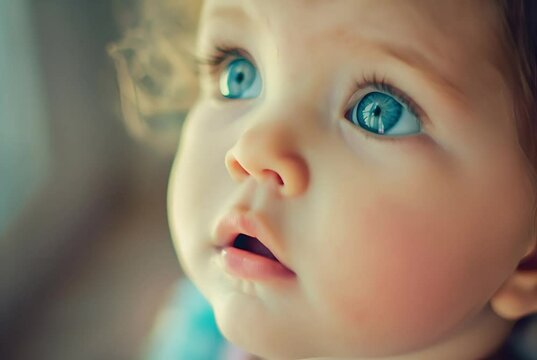 A close-up of a baby's face showing wonder in the eyes and soft features against a blurred background.
