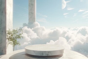 Marble column and platform with clouds - A picturesque scene featuring a white marble platform with a sleek column, surrounded by lush greenery against a cloudy celestial backdrop - obrazy, fototapety, plakaty