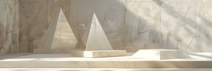 Geometric shapes in a minimalist concrete setting - A serene composition of geometric shapes, creating an abstract minimalist scenery against a rough concrete backdrop