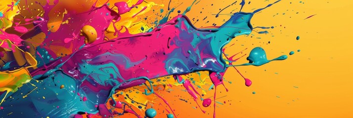 Vivid paint splatter with blue and pink hues - A striking image featuring a dramatic splatter of neon blue and pink paints against a yellow background