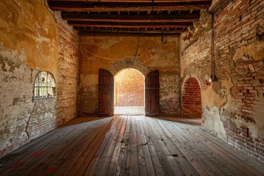 Historic room with arched openings and brick walls - A spacious room features aged brick walls, arched openings and wooden floor, echoing past elegance and time