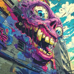 Illustrate a whimsical comedy moment from a graffiti-inspired street art medium Use vivid colors, dynamic lines, and exaggerated