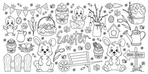 Outline set of Easter elements for spring holiday design. Chicks, rabbits, painted eggs, Easter cakes and other. Vector black and white contour cartoon illustrations perfect for kids coloring book.