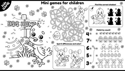 Vector Easter games placement for children. Kids outline set with cartoon chicks, rabbits, painted eggs. Activity mat with maze, connect the dots and color, find differences, coloring book and other.