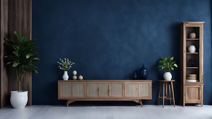 Living room with cabinet for tv on dark blue color wall background