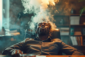 A man sits in a chair with smoke coming from his head, symbolizing burnout at work or overwork. This scene captures a moment of fatigue and stress for an African American manager in an office - obrazy, fototapety, plakaty