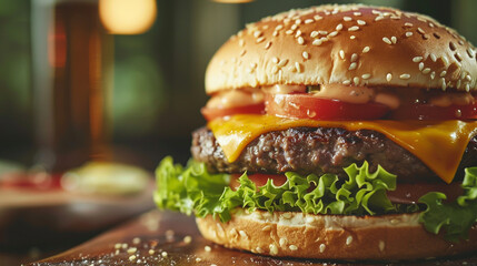 A mouthwatering classic American cheeseburger in close.