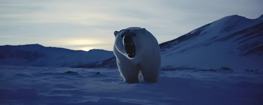 Roaring polar bear in a snowy landscape at dusk, mouth wide open, displaying the raw power and beauty of Arctic wildlife.