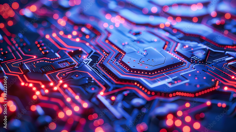 Poster digital heart of a computer, motherboard and processor close-up, the core of modern communication te