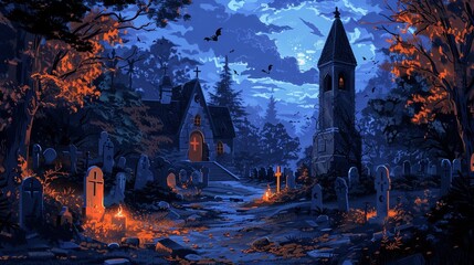 Drawing and painting scenes from a haunted graveyard, eerie digital art in a workshop or craft room - obrazy, fototapety, plakaty