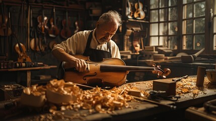 Elderly craftsman in workshop creating a violin with precision and care