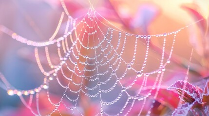 Dew forming on spiderwebs, each drop a different vibrant color, sparkling in the sunrise, isolate on soft color background