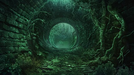 Obraz premium Exploration of haunted tunnels motivating participation in clubs and organizations, adventurous 2D art in a community center