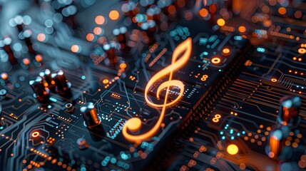 Digital music concept with a treble clef on circuit board background