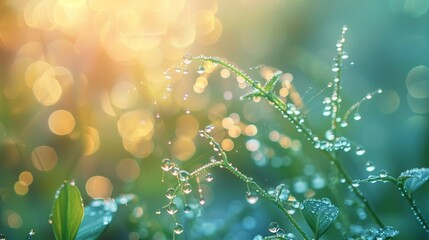 Morning dew that sings melodies when touched, awakening the forest in harmony, isolate on soft color background