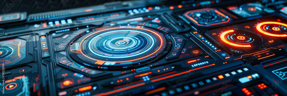 Poster digital interface and futuristic system concept, high-tech display and control panel, blue holograph