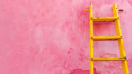Bright yellow ladder against a textured pink wall