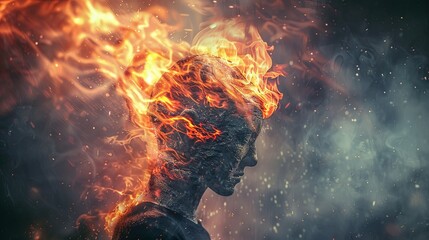 Fiery silhouetted young adult with flames engulfing head on a dark, artistic background - obrazy, fototapety, plakaty