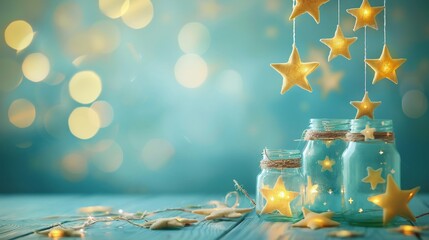 Stars falling into jars, collected by children for nighttime adventures, isolate on soft color background - obrazy, fototapety, plakaty