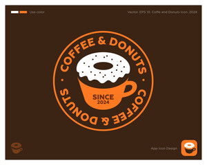 Coffee and Donuts Cafe emblem. Coffee mug and donut in a circle. Identity. App button.