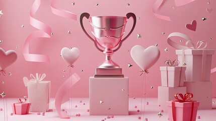 Celebratory background with silver trophy and assorted pink gifts