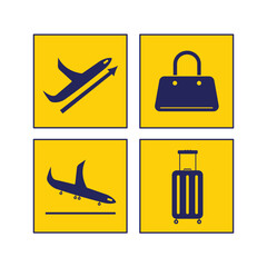 Dark blue colored airport plane departures, arrival, and baggage sign age vector illustration set bundle on square yellow backgrounds. Simple flat cartoon object drawing.