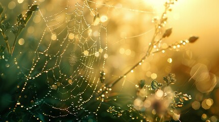 Dew-kissed spiderweb in golden morning light