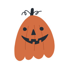 Cute pumpkin with spooky face, cartoon flat vector illustration isolated on white background. Halloween decoration, hand drawn pumpkin.