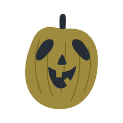 Hand drawn pumpkin with spooky face, cartoon flat vector illustration isolated on white background. Cute  Halloween and autumn decoration.
