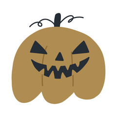 Spooky Halloween pumpkin with creepy face, cartoon flat vector illustration isolated on white background. Hand drawn pumpkin. Autumn holiday decor.