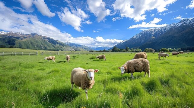 Sheep eating grass on green hill in South Island