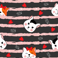 Seamless pattern with many different  red and black and white heads of cats on grey striped background. Vector illustration for children.
