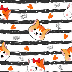 Seamless pattern with many different  red heads of cats on white striped background. Vector illustration for children.