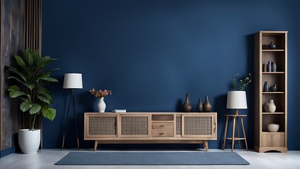Living room with cabinet for tv on dark blue color wall background - obrazy, fototapety, plakaty
