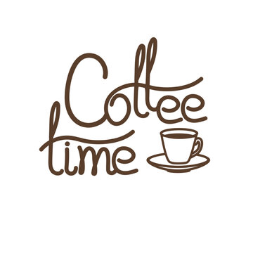 Vector card, logo with cup of coffee. Lettering - Coffee time.
