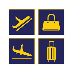 Yellow colored airport plane departures, arrival, and baggage sign age vector illustration set bundle on square dark blue backgrounds. Simple flat cartoon object drawing.